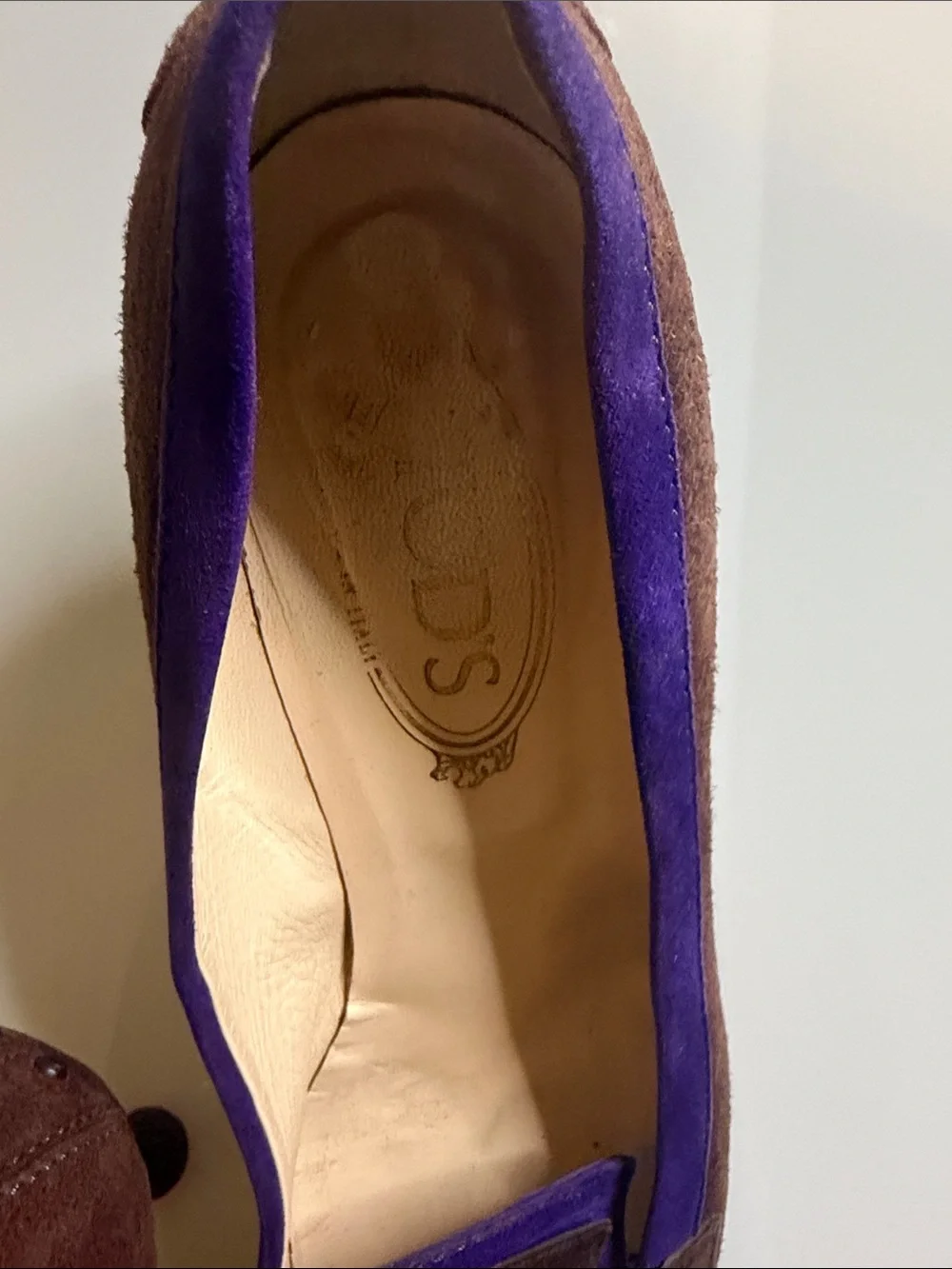 Tod's Brown Suede Heels with Purple Trim